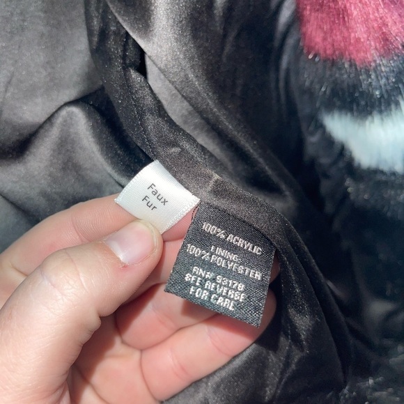 NWT CATHERINE MALANDRINO Black Burgundy Color Block Faux Fur Bomber Jacket Sz XS - Picture 7 of 8